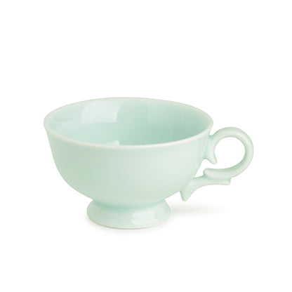 Green celadon porcelain coffee cup for the coffee cup and saucer set, 30 degree angle view, media 2 of 4