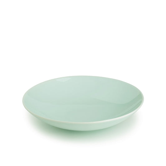 9" green celadon porcelain coupe bowl, salad bowl, soup bowl, 30 degree angle view, media 1 of 4