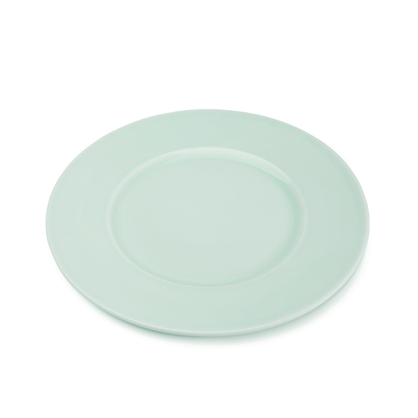 11 3/4" green celadon porcelain dinner plate, 45 degree angle view, media 3 of 4
