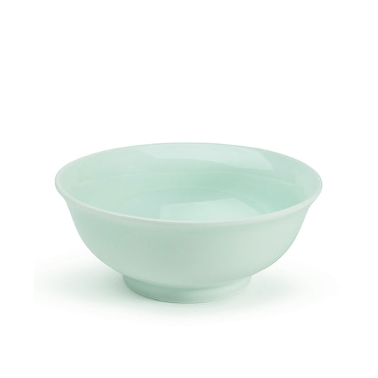7" green celadon porcelain Zhengde bowl, Asian noodle bowl, 30 degree angle view, media 1 of 5