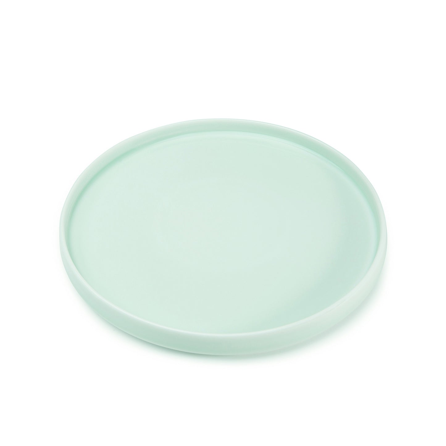 11" green celadon porcelain straight-sided dinner plate, 60 degree angle view, media 4 of 5
