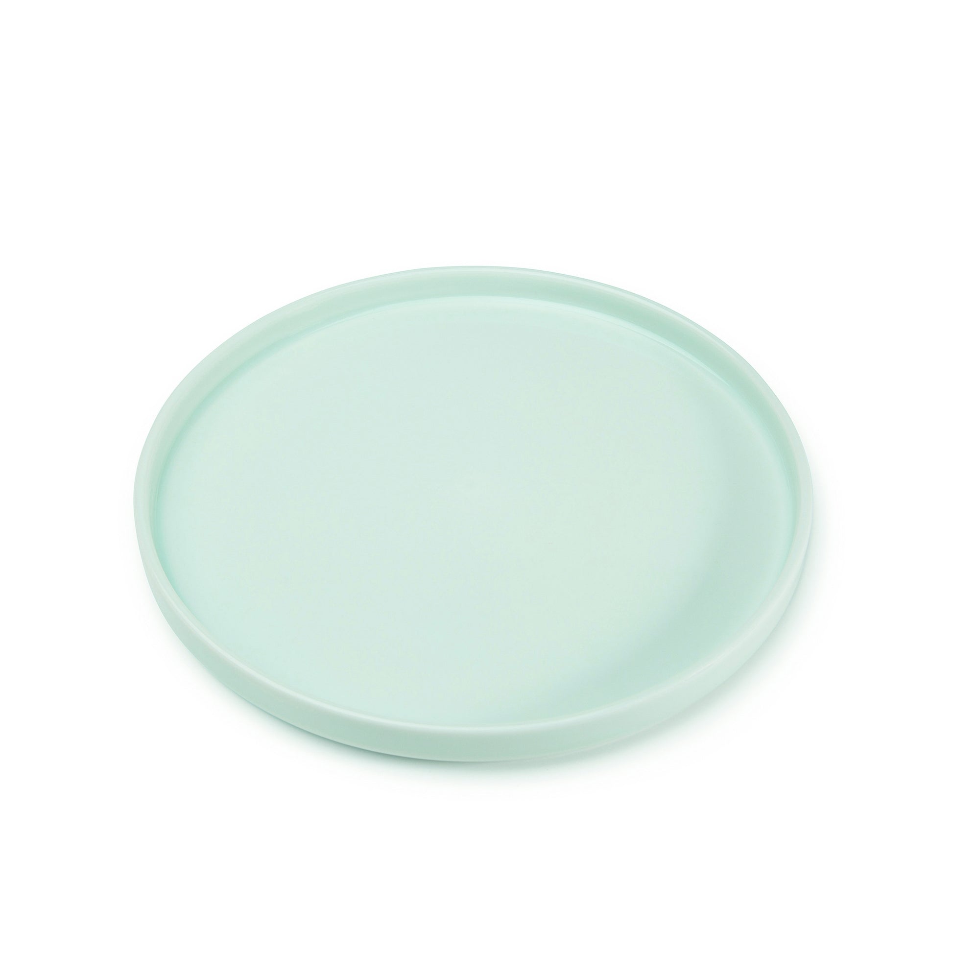 11" green celadon porcelain straight-sided dinner plate, 60 degree angle view, media 3 of 5