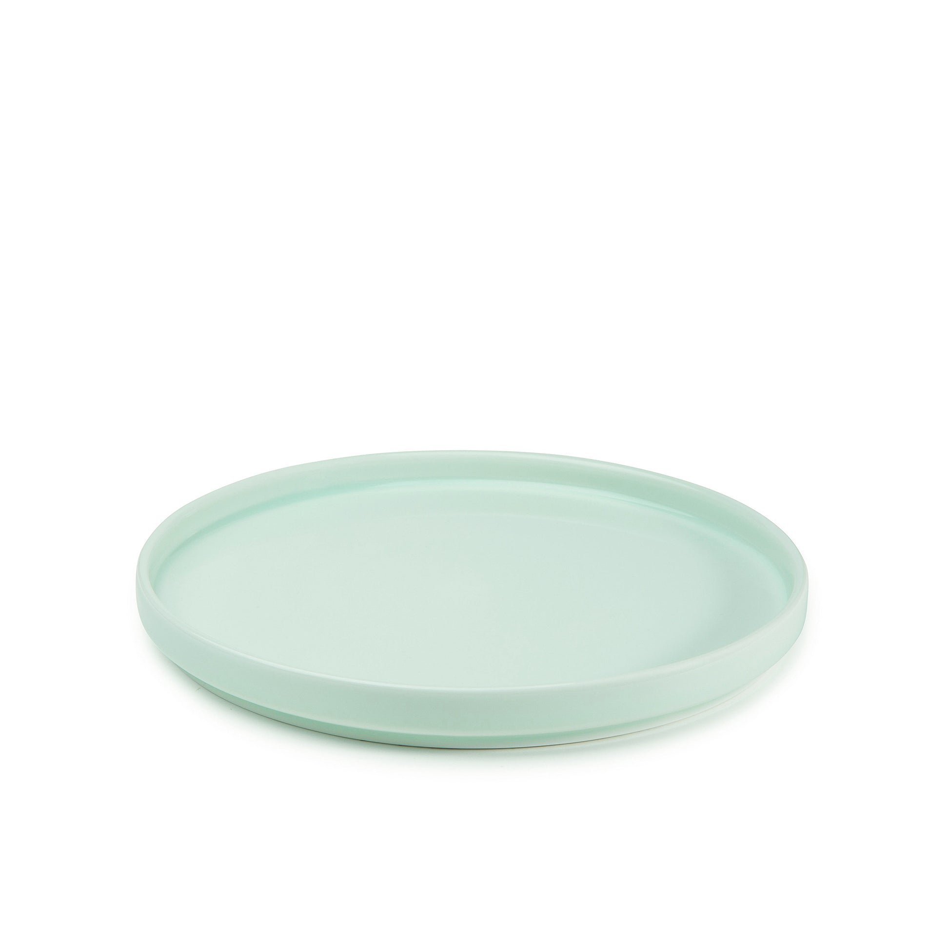 11" green celadon porcelain straight-sided dinner plate, 30 degree angle view, media 1 of 5