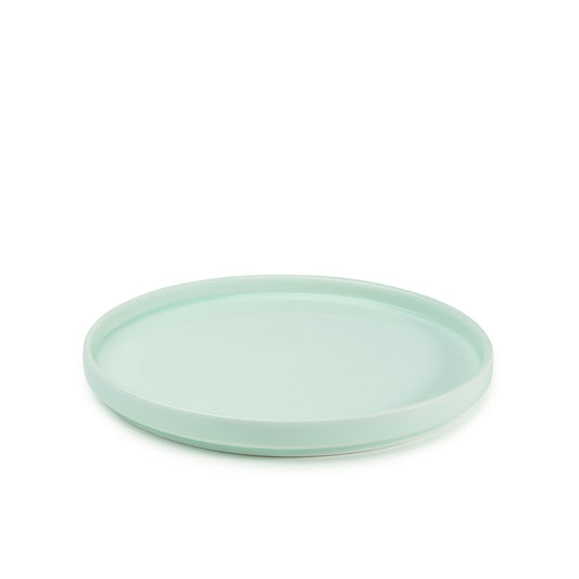 11" green celadon porcelain straight-sided dinner plate, 30 degree angle view, media 1 of 5