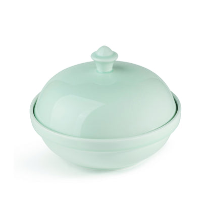 10" green celadon porcelain serving bowl with cover, cover on top, 30 degree angle view, media 5 of 5