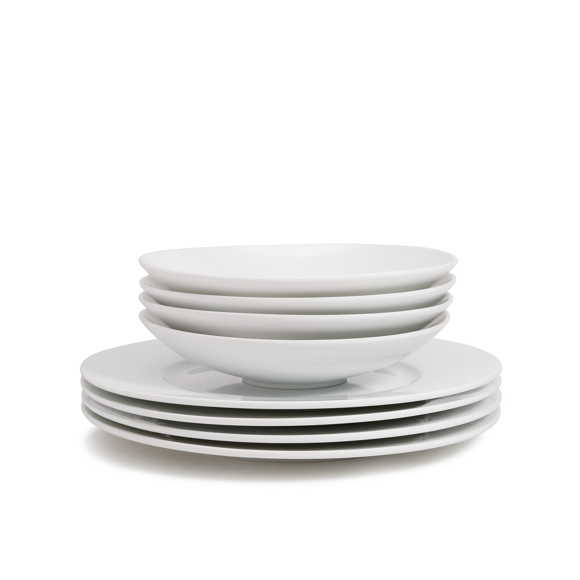 8 piece white porcelain dinnerware set, 11 3/4" wide rim dinner plates, 8" salad/soup bowls, media 2 of 4