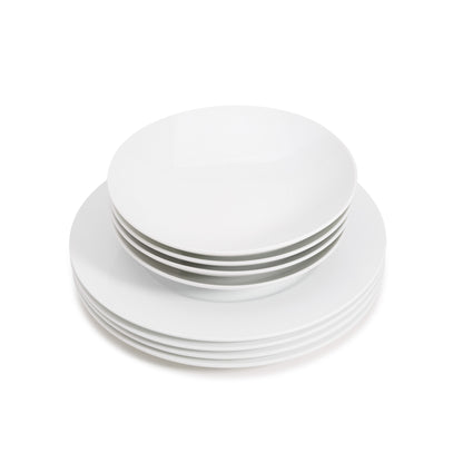 8 piece white porcelain dinnerware set, 11 3/4" wide rim dinner plates, 8" salad/soup bowls, media 4 of 4