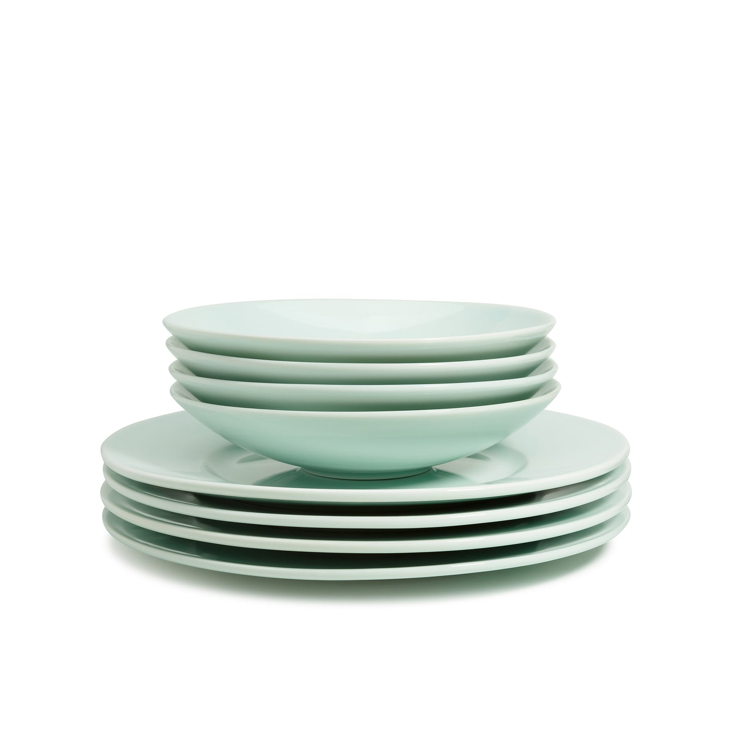 8 piece green celadon porcelain dinnerware set, 11 3/4" wide rim dinner plates, 8" salad/soup bowls, media 6 of 6