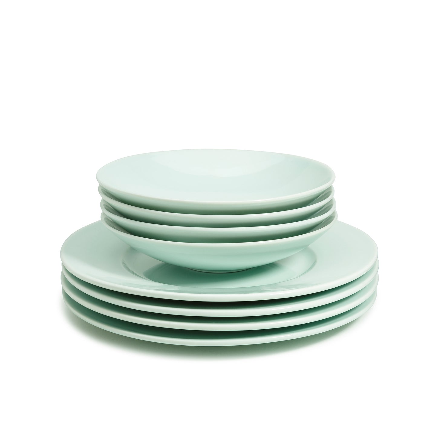 8 piece green celadon porcelain dinnerware set, 11 3/4" wide rim dinner plates, 8" salad/soup bowls, media 5 of 6