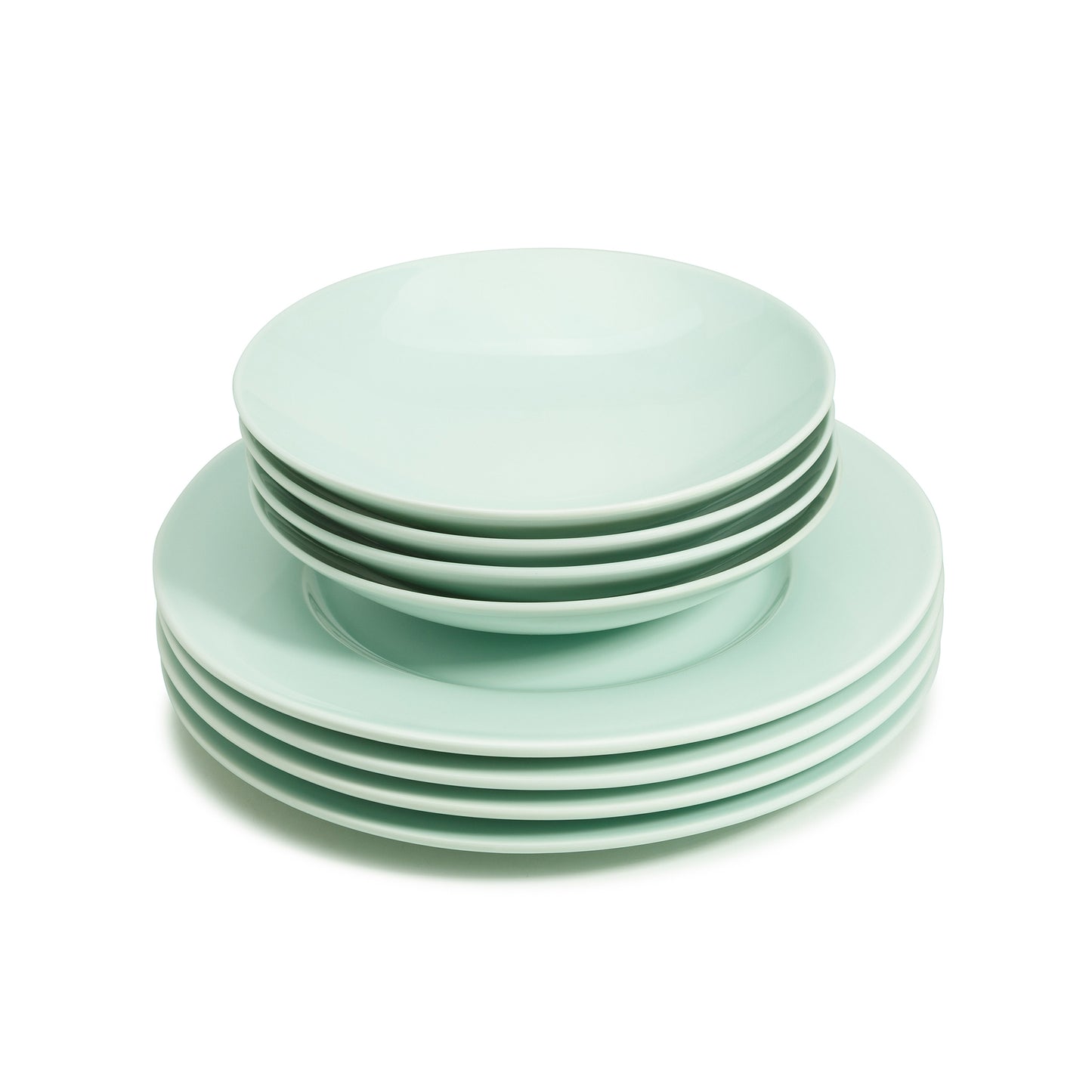 8 piece green celadon porcelain dinnerware set, 11 3/4" wide rim dinner plates, 8" salad/soup bowls, media 4 of 6