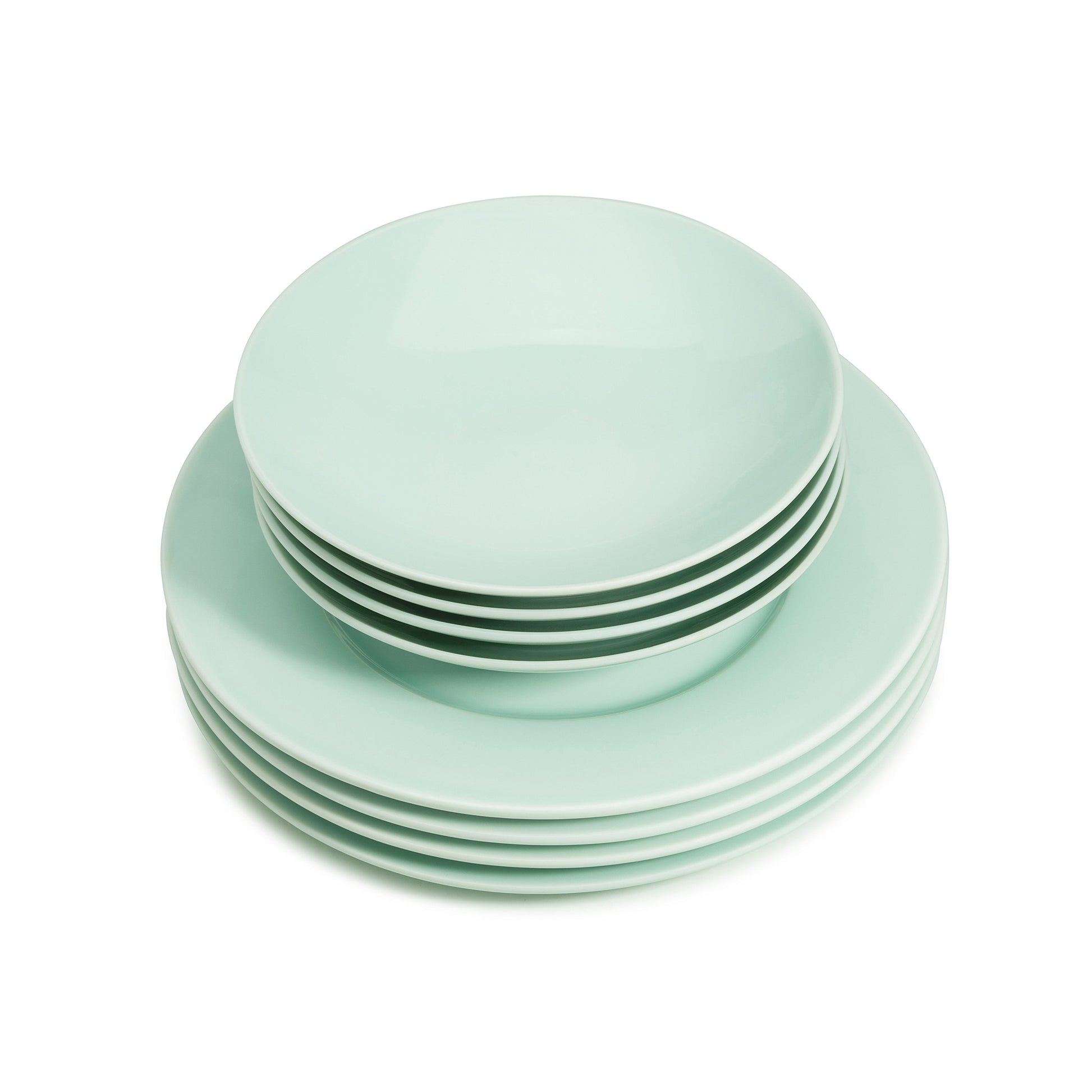 8 piece green celadon porcelain dinnerware set, 11 3/4" wide rim dinner plates, 8" salad/soup bowls, media 3 of 6