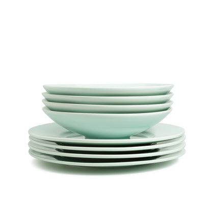 8 piece green celadon porcelain dinnerware set, 11 3/4" wide rim dinner plates, 9" salad/soup bowls, media 6 of 6