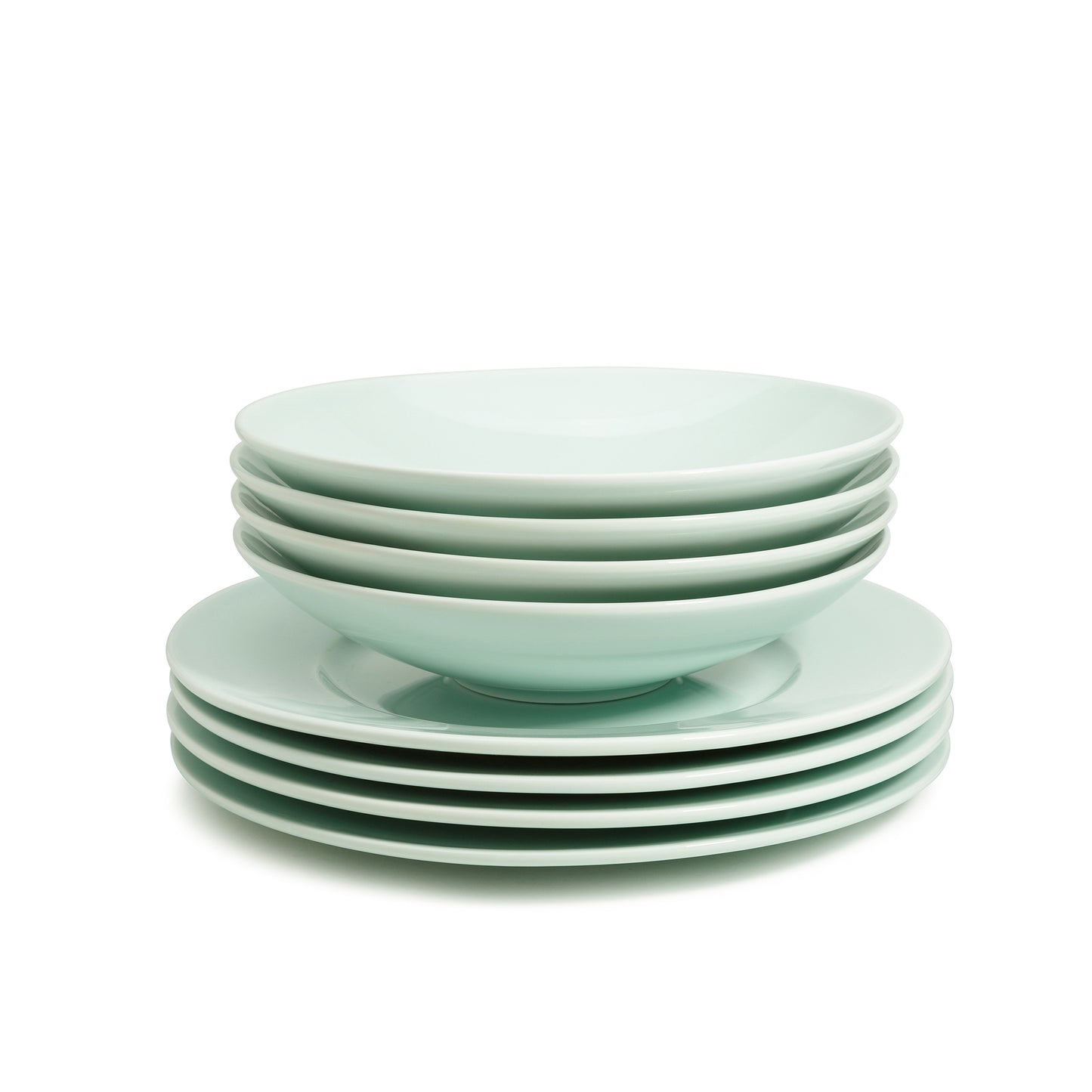 8 piece green celadon porcelain dinnerware set, 11 3/4" wide rim dinner plates, 9" salad/soup bowls, media 5 of 6