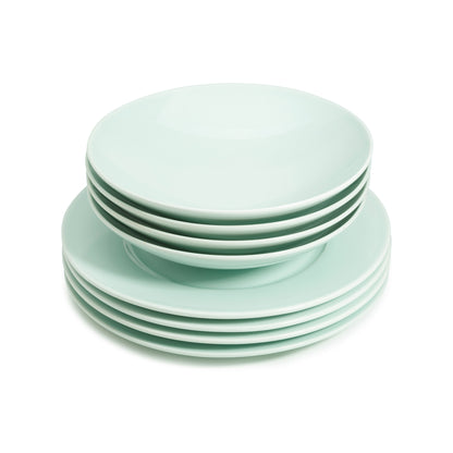 8 piece green celadon porcelain dinnerware set, 11 3/4" wide rim dinner plates, 9" salad/soup bowls, media 4 of 6