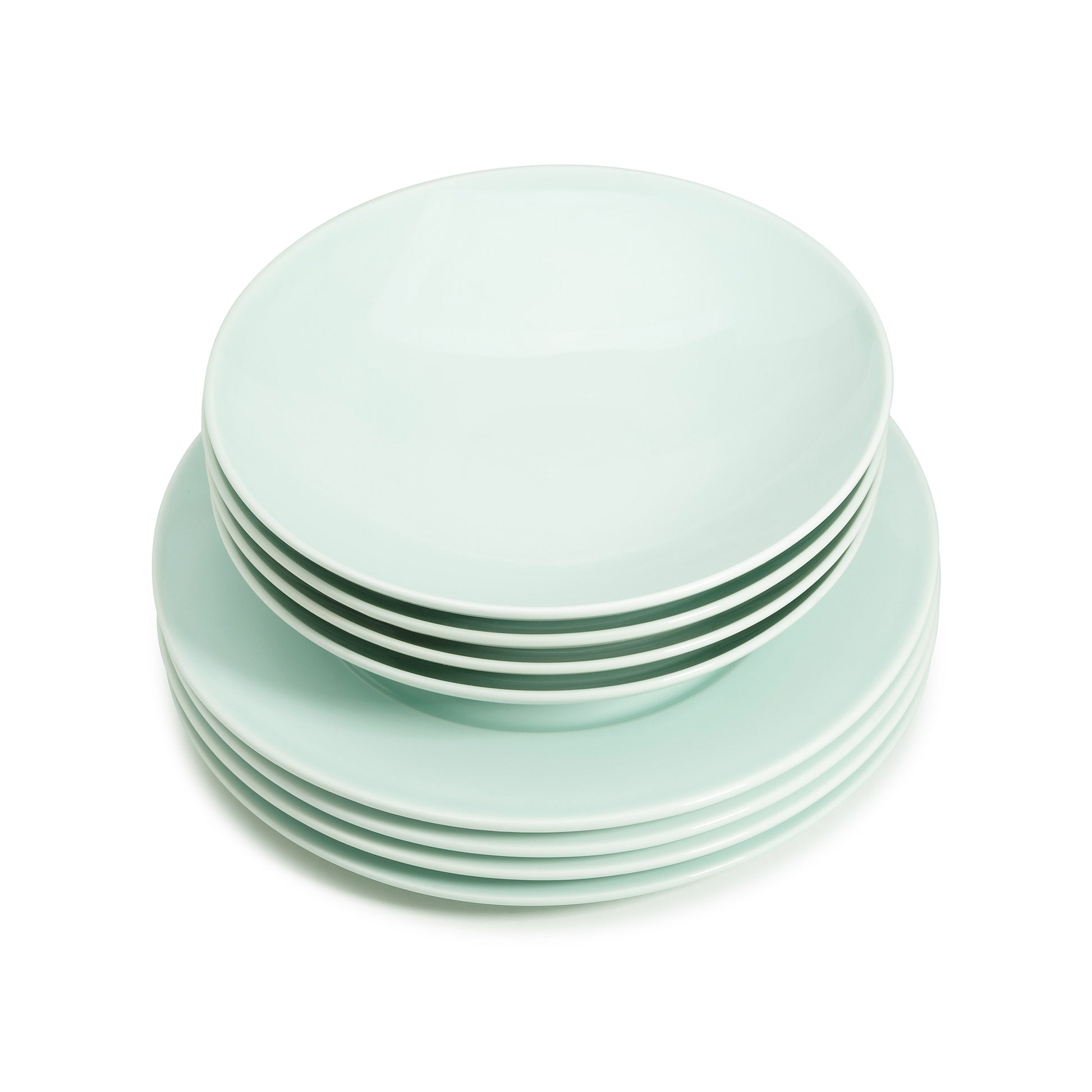 8 piece green celadon porcelain dinnerware set, 11 3/4" wide rim dinner plates, 9" salad/soup bowls, media 3 of 6