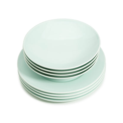 8 piece green celadon porcelain dinnerware set, 11 3/4" wide rim dinner plates, 9" salad/soup bowls, media 3 of 6