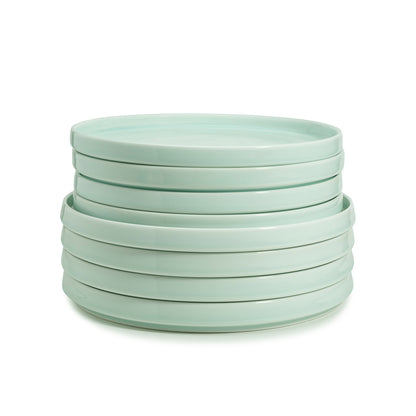 8 piece green celadon porcelain straight-sided dinner plates set, all stacked, media 5 of 5