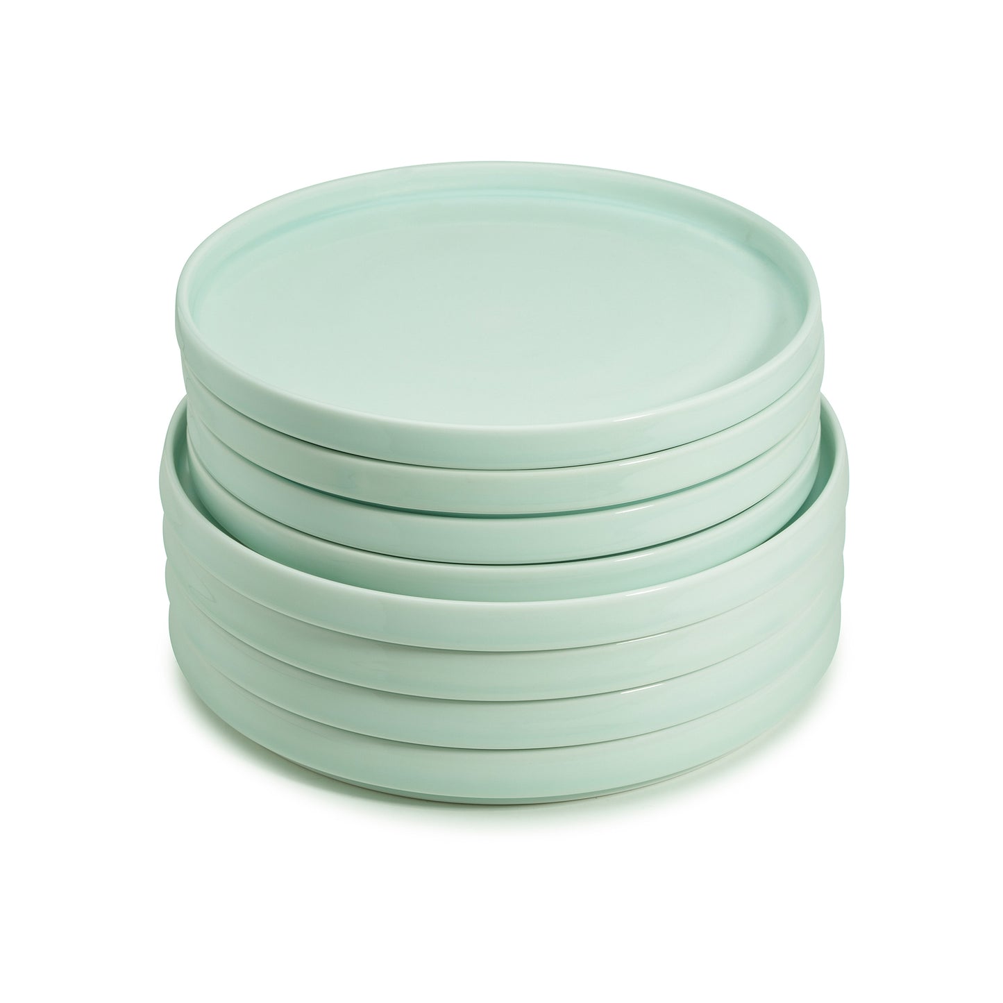 8 piece green celadon porcelain straight-sided dinner plates set, all stacked, media 4 of 5
