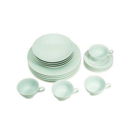 16 piece green celadon porcelain dinnerware set, dinner plates, 8" salad bowls, coffee cups and saucers, media 5 of 5