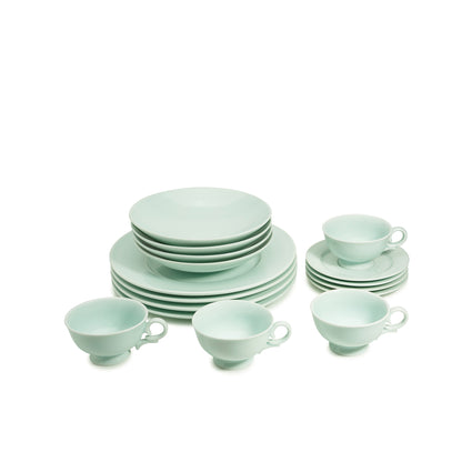 16 piece green celadon porcelain dinnerware set, dinner plates, 8" salad bowls, coffee cups and saucers, media 1 of 5