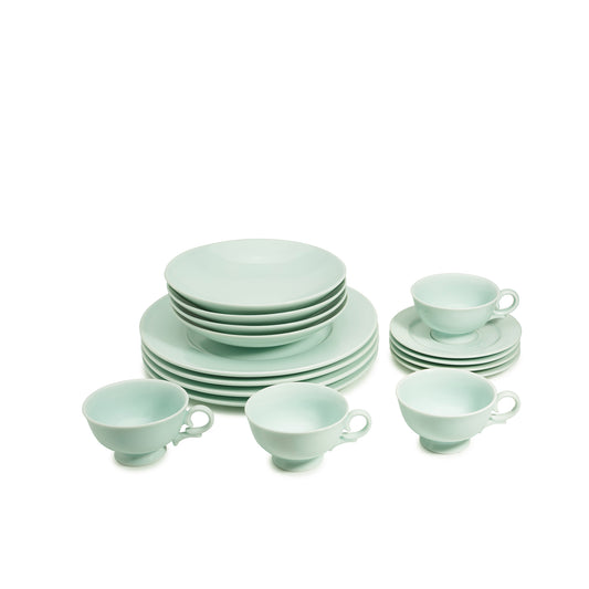 16 piece green celadon porcelain dinnerware set, dinner plates, 8" salad bowls, coffee cups and saucers, media 1 of 5