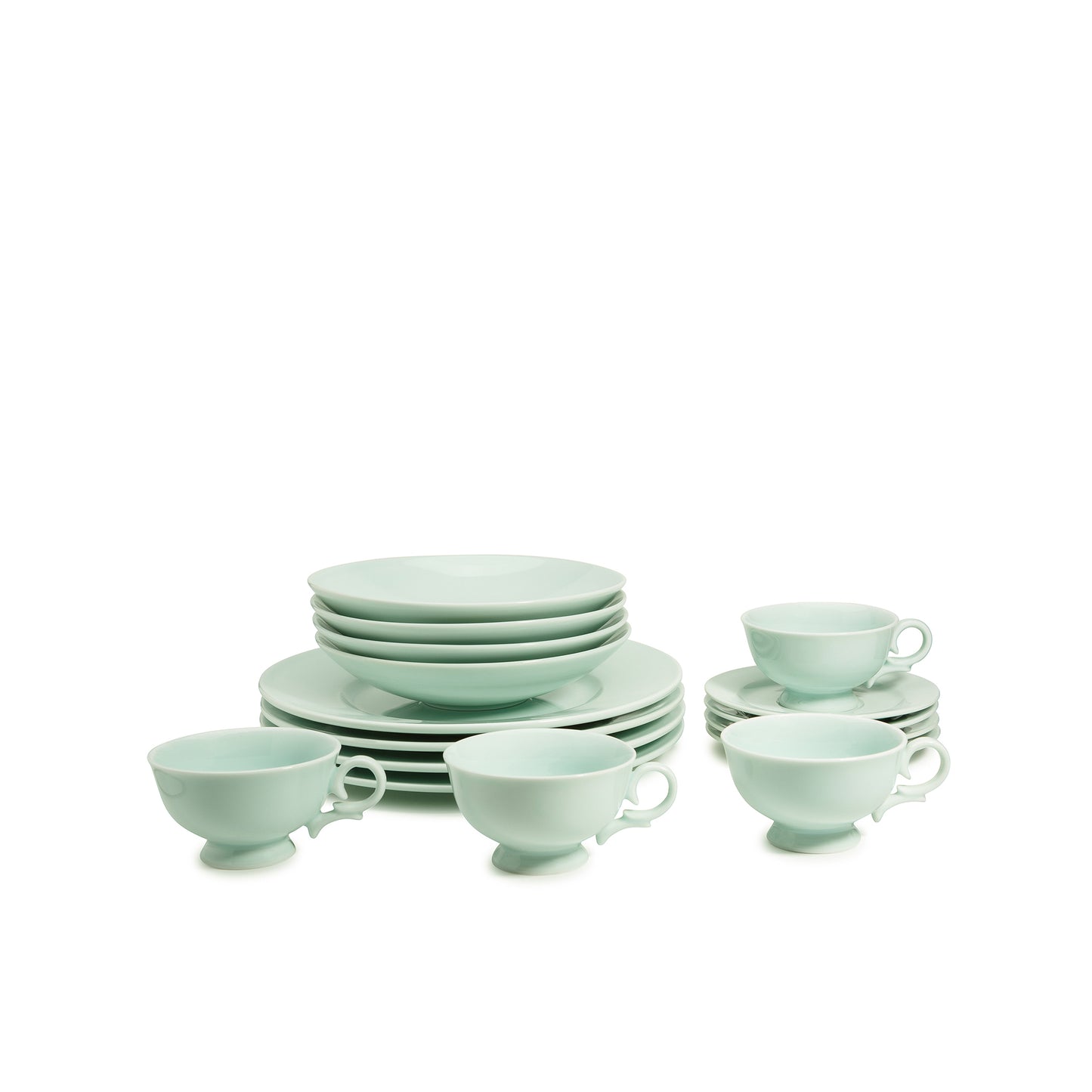 16 piece green celadon porcelain dinnerware set, dinner plates, 8" salad bowls, coffee cups and saucers, media 4 of 5