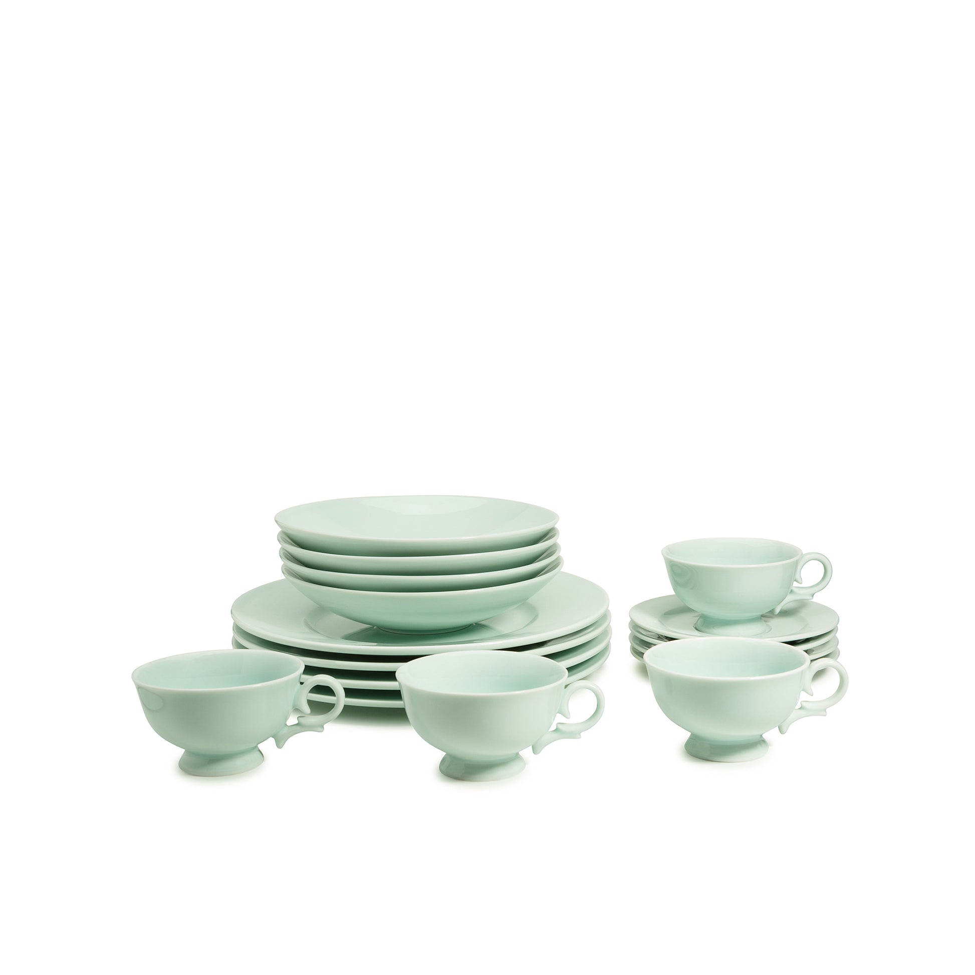 16 piece green celadon porcelain dinnerware set, dinner plates, 8" salad bowls, coffee cups and saucers, media 4 of 5