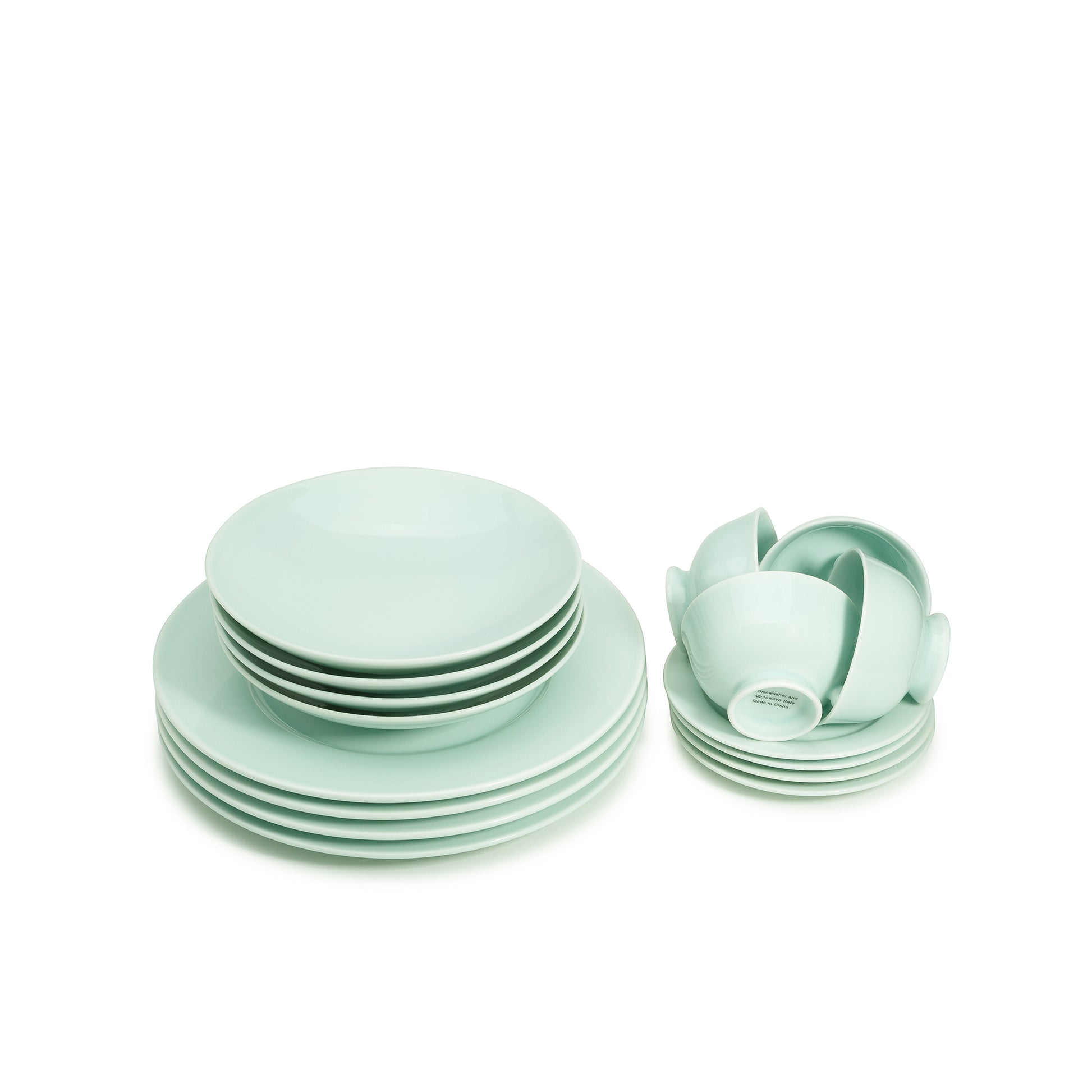 16 piece green celadon porcelain dinnerware set, dinner plates, 8" salad bowls, coffee cups and saucers, media 2 of 5