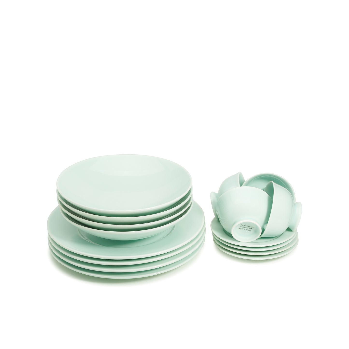 16 piece green celadon porcelain dinnerware set, dinner plates, 9" salad bowls, coffee cups and saucers, media 3 of 5