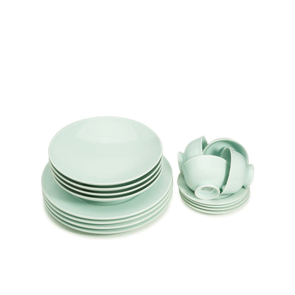 16 piece green celadon porcelain dinnerware set, dinner plates, 9" salad bowls, coffee cups and saucers, media 5 of 5
