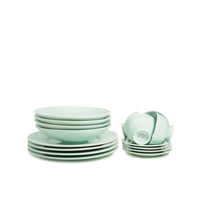 16 piece green celadon porcelain dinnerware set, dinner plates, 9" salad bowls, coffee cups and saucers, media 2 of 5