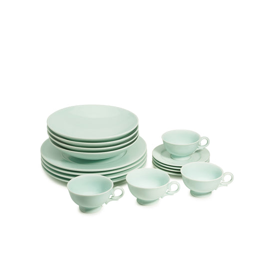 16 piece green celadon porcelain dinnerware set, dinner plates, 9" salad bowls, coffee cups and saucers, media 1 of 5