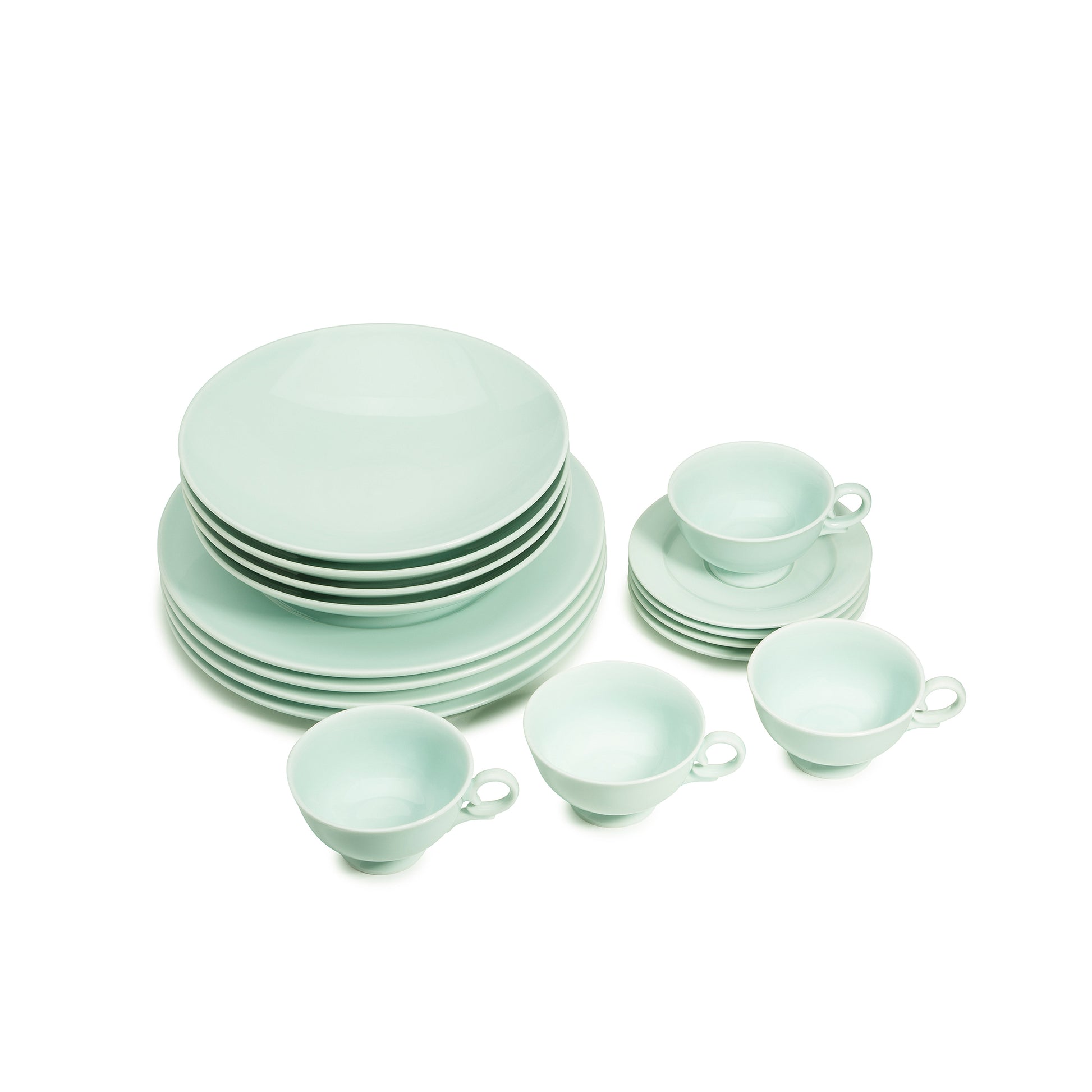 16 piece green celadon porcelain dinnerware set, dinner plates, 9" salad bowls, coffee cups and saucers, media 4 of 5