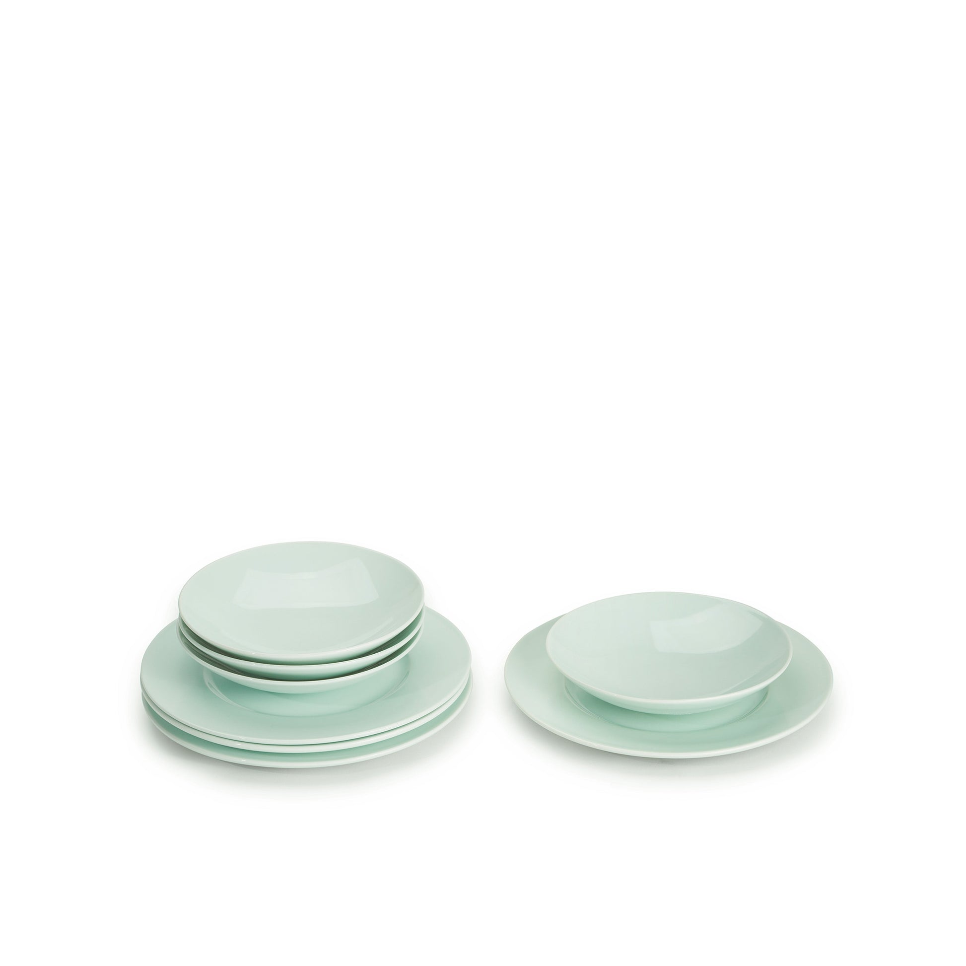8 piece green celadon porcelain dinnerware set, 11 3/4" wide rim dinner plates, 8" salad/soup bowls, media 2 of 6