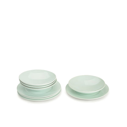 8 piece green celadon porcelain dinnerware set, 11 3/4" wide rim dinner plates, 9" salad/soup bowls, media 2 of 6