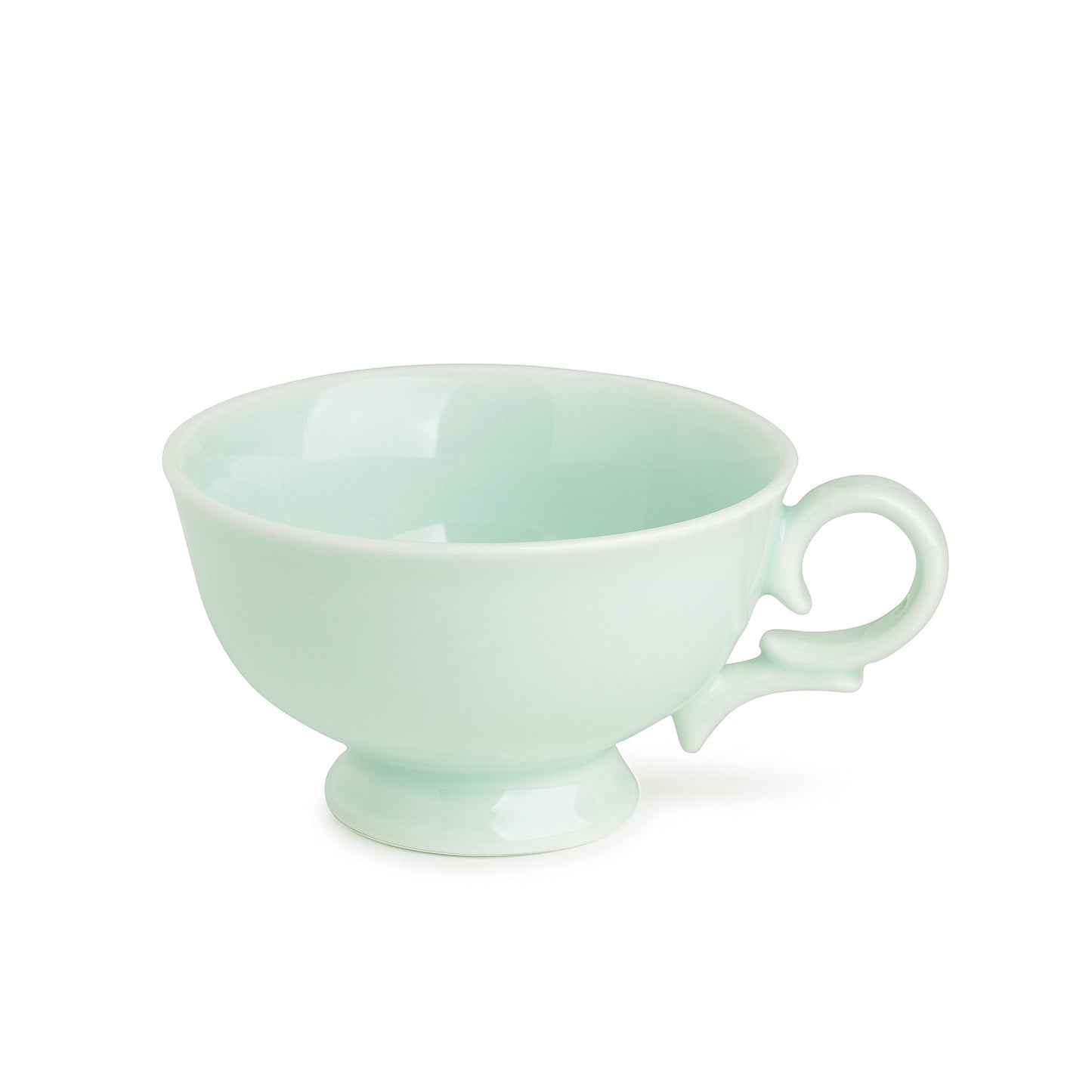 Green celadon porcelain coffee cup for the coffee cup and saucer set, 30 degree angle view, media 2 of 4