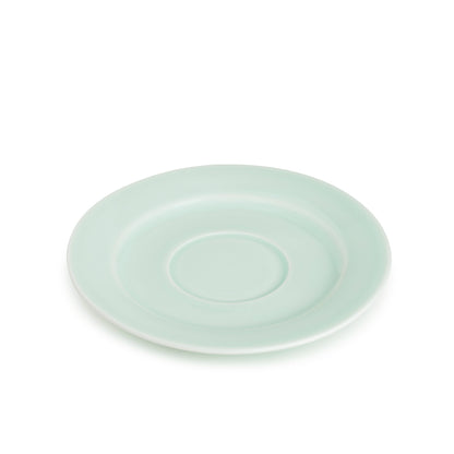 Green celadon porcelain saucer for the coffee cup and saucer set, 45 degree angle view, media 4 of 4