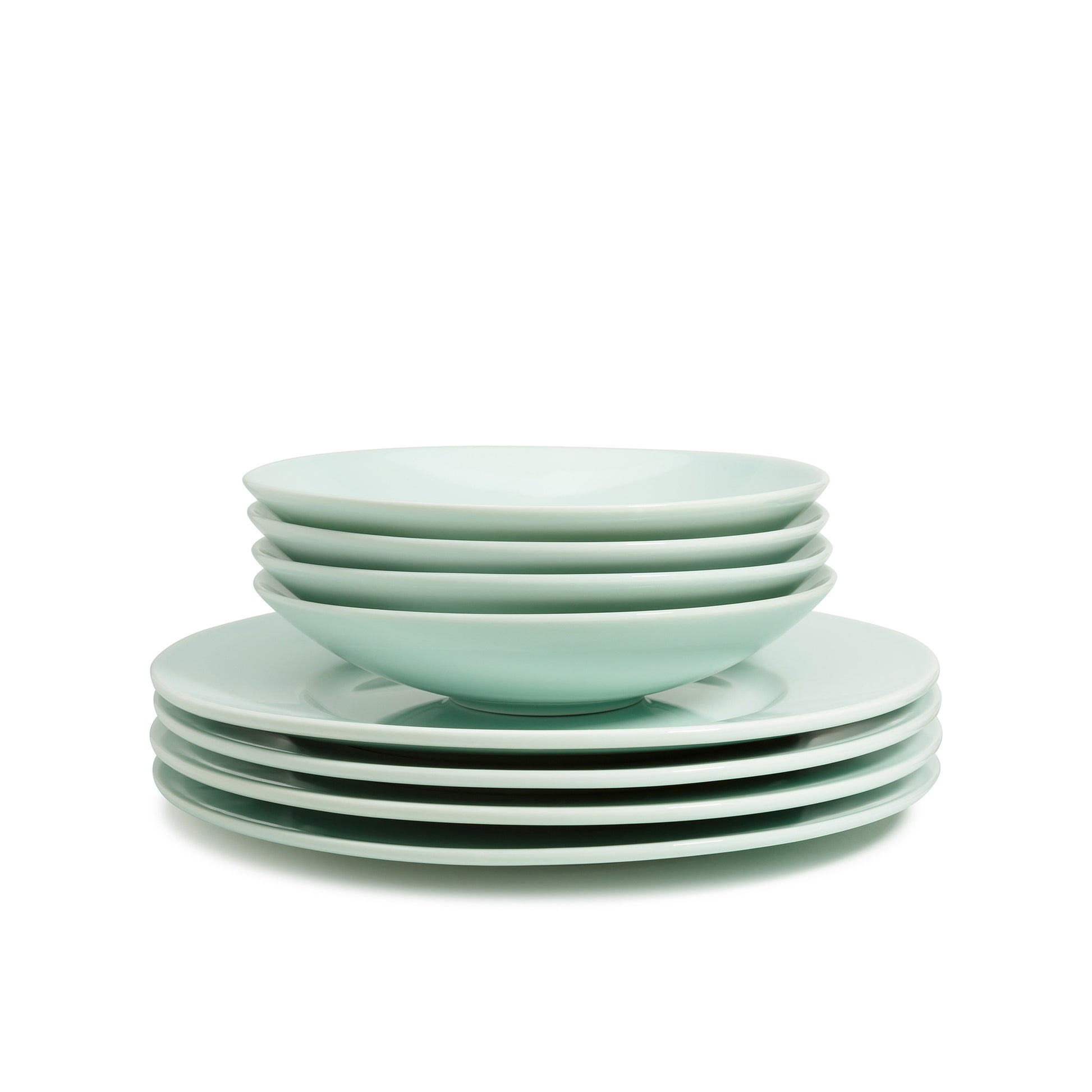 8 piece green celadon porcelain dinnerware set, 11 3/4" wide rim dinner plates, 8" salad/soup bowls, media 6 of 6