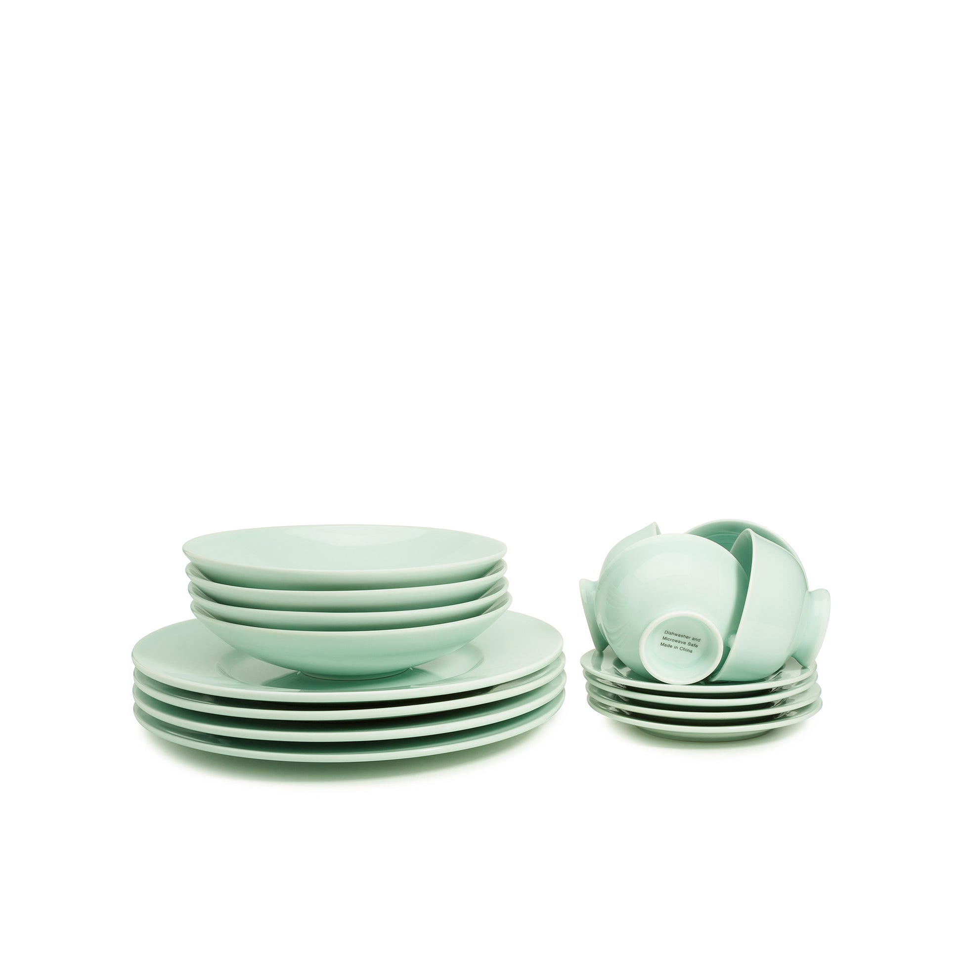 16 piece green celadon porcelain dinnerware set, dinner plates, 8" salad bowls, coffee cups and saucers, media 3 of 5