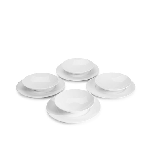 8 piece white porcelain dinnerware set, 11 3/4" wide rim dinner plates, 8" salad/soup bowls, media 1 of 4