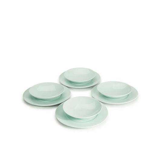 8 piece green celadon porcelain dinnerware set, 11 3/4" wide rim dinner plates, 8" salad/soup bowls, media 1 of 6