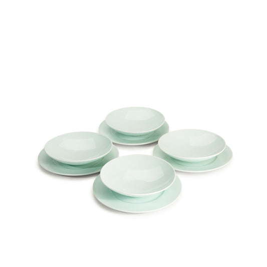 8 piece green celadon porcelain dinnerware set, 11 3/4" wide rim dinner plates, 9" salad/soup bowls, media 1 of 6
